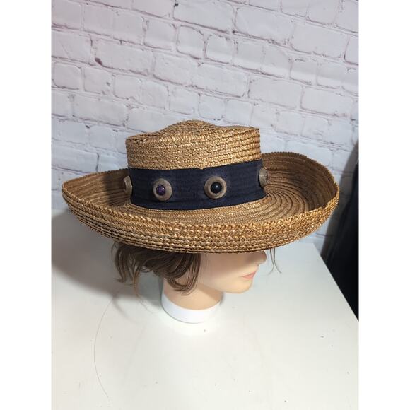 VTG Eric Javits Golden Straw Hat Sun Wide Brim Wide Band Brass And Stone Details - Picture 1 of 16